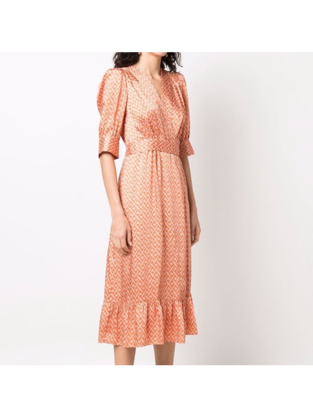 Women's Orange Printed Wrap Midi Dress with Ruffled Hem